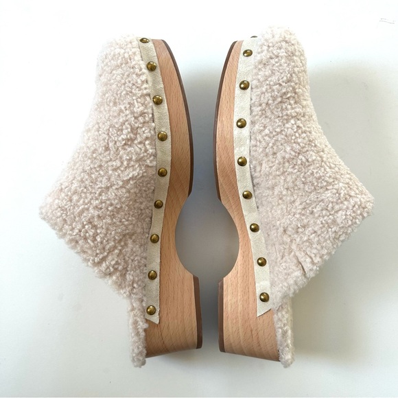J. Crew Ivory White Sherpa Faux Fur Wood Platform Studded Slip-On Clogs - Picture 4 of 10